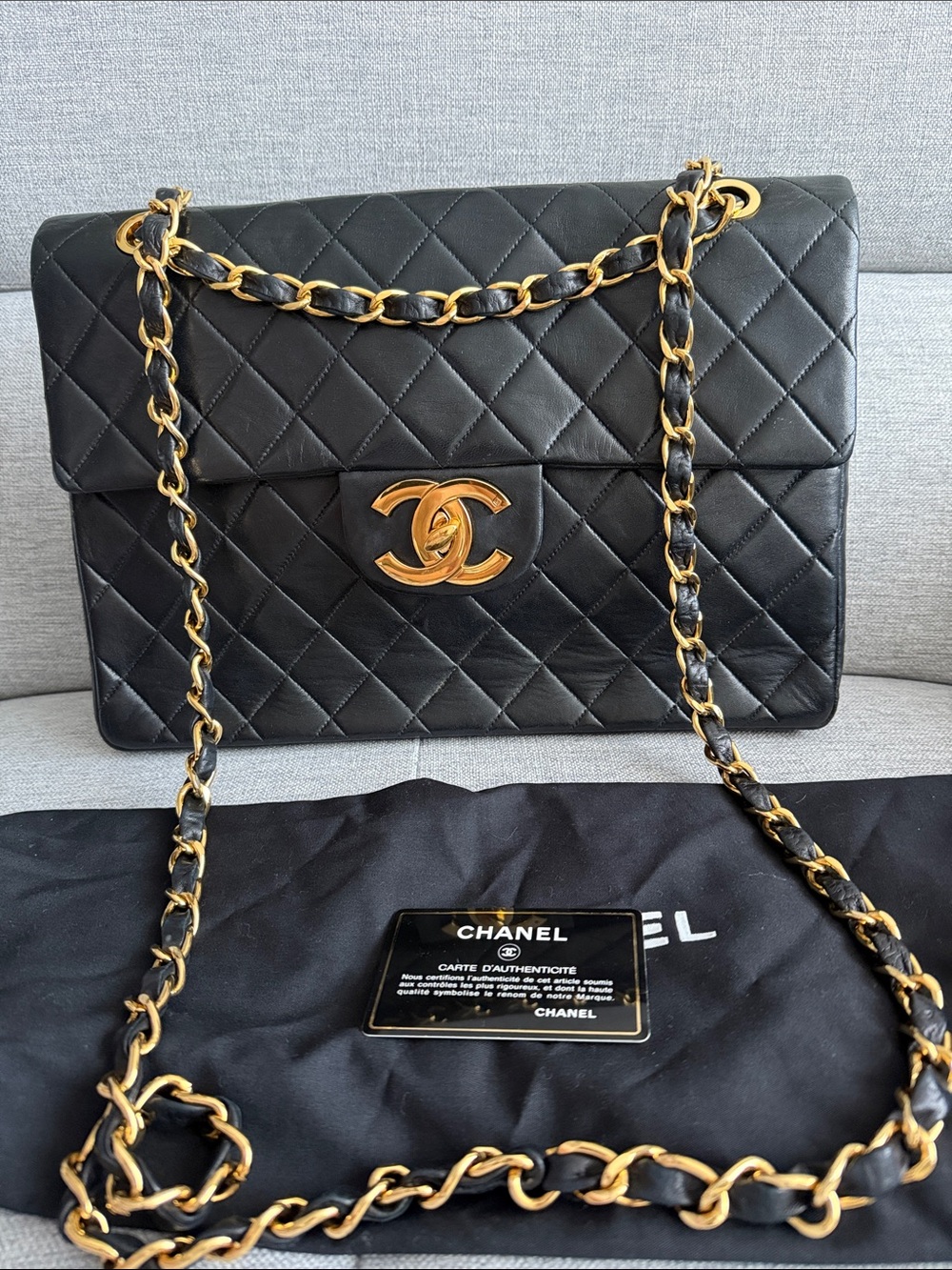 XL Jumbo Vintage CHANEL Black Quilted Lambskin Shoulder Bag with Gold Hardware